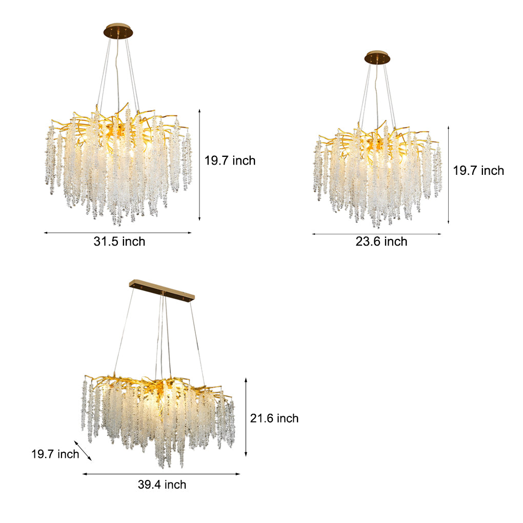 Comprehensive size guide for the modern gold crystal chandelier in round and linear dimensions.