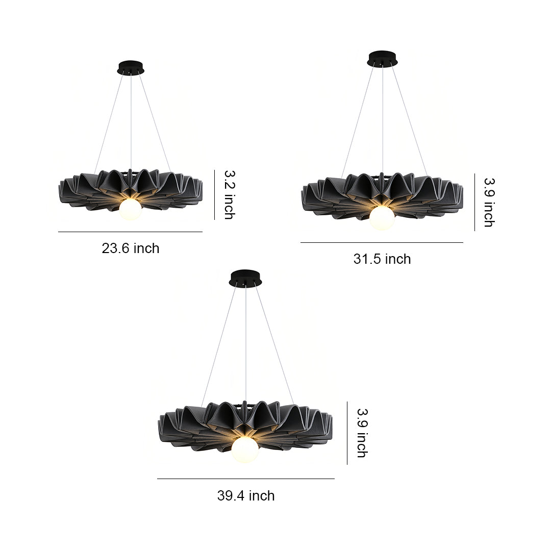 Size guide illustrating three different dimensions of the black cloth chandelier models 