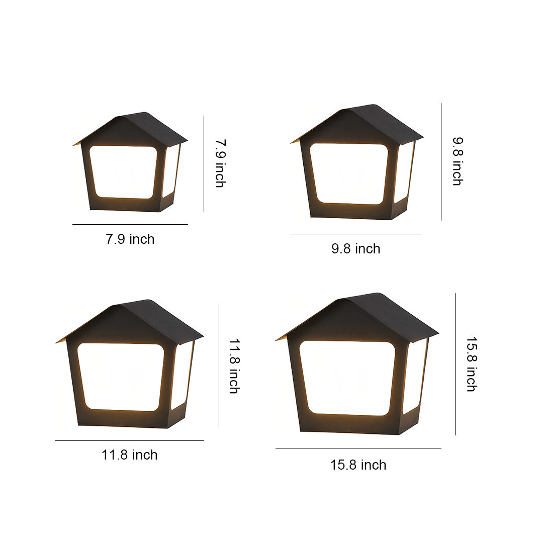 Sizing chart for the deck post cap lights, showing four different size options from 7.5 inches to 12.8 inches wide.
