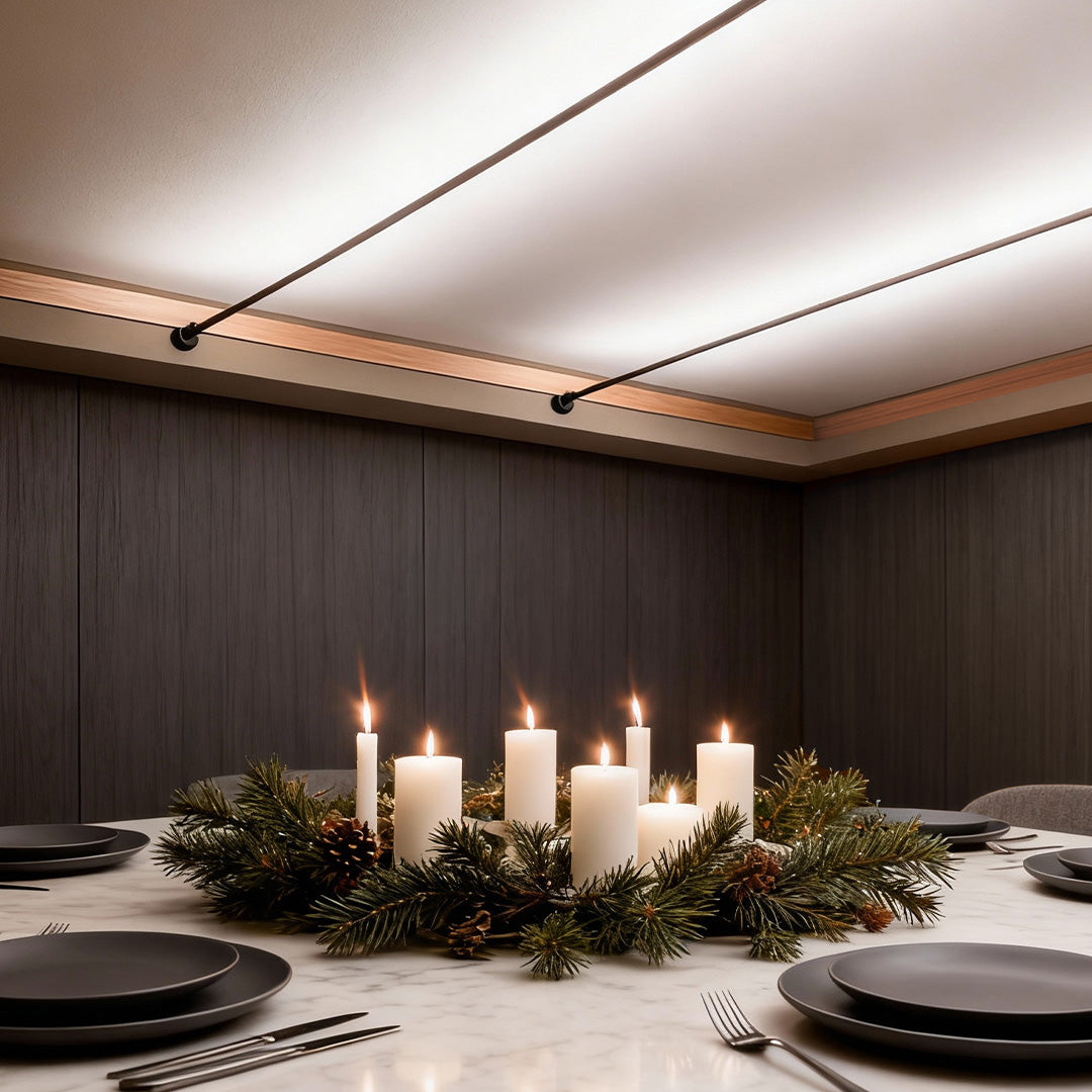 Skyline linear LED lighting integrated into dining room ceiling design