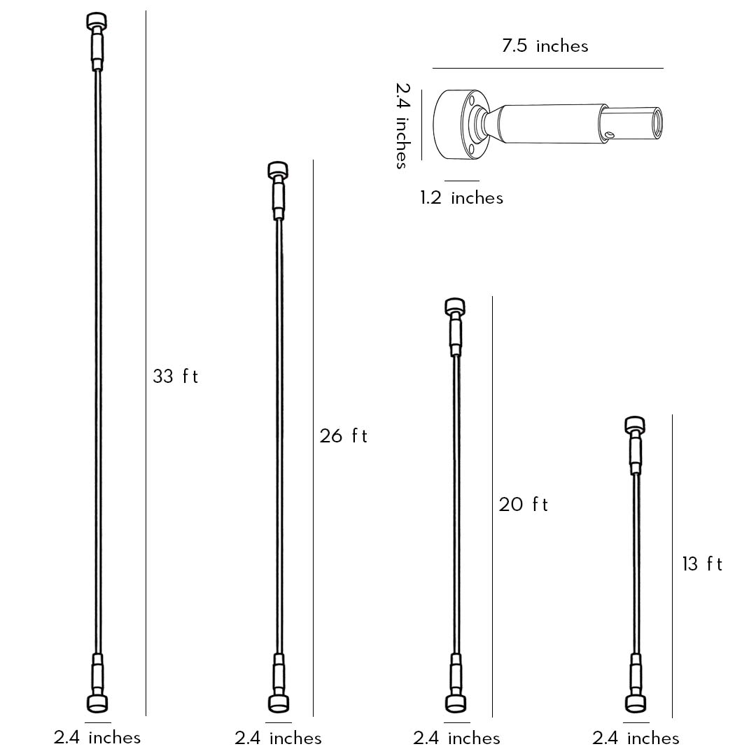 Skyline linear LED lighting size chart showing 20 inch, 26 inch, 31 inch, and 41 inch options with mounting details.