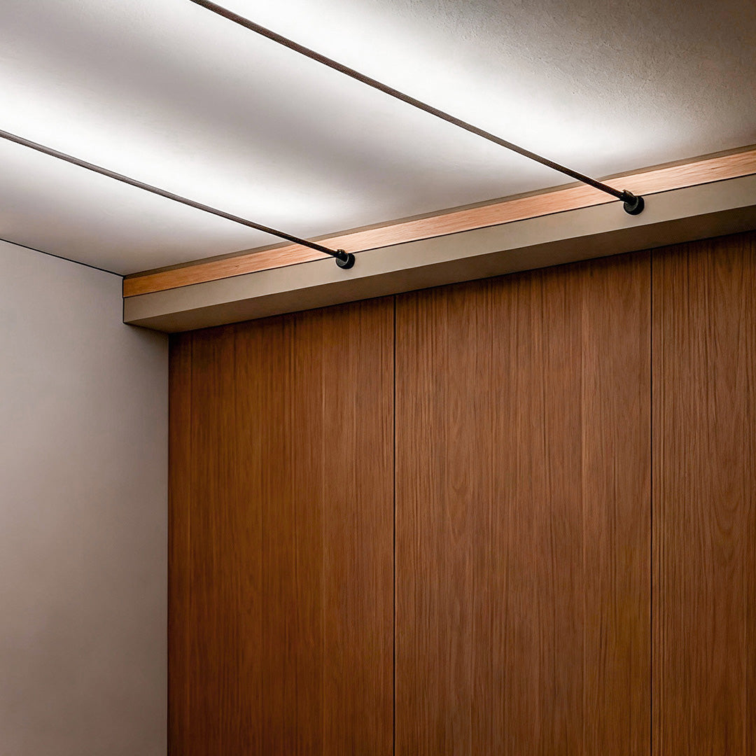 Skyline linear LED lighting combined with wood panel ceiling accents