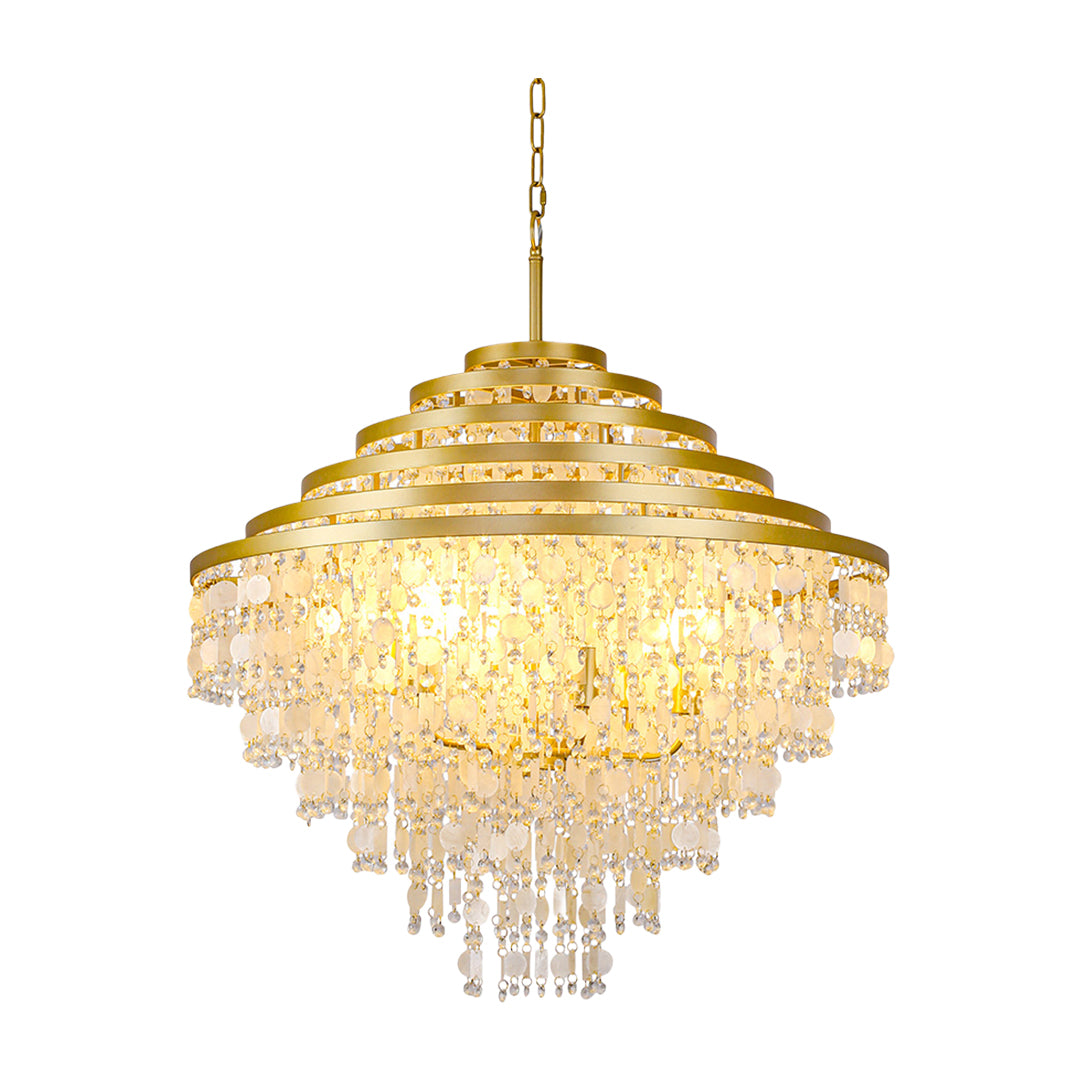 Elegant gold-tiered crystal chandelier with hanging shells and intricate design