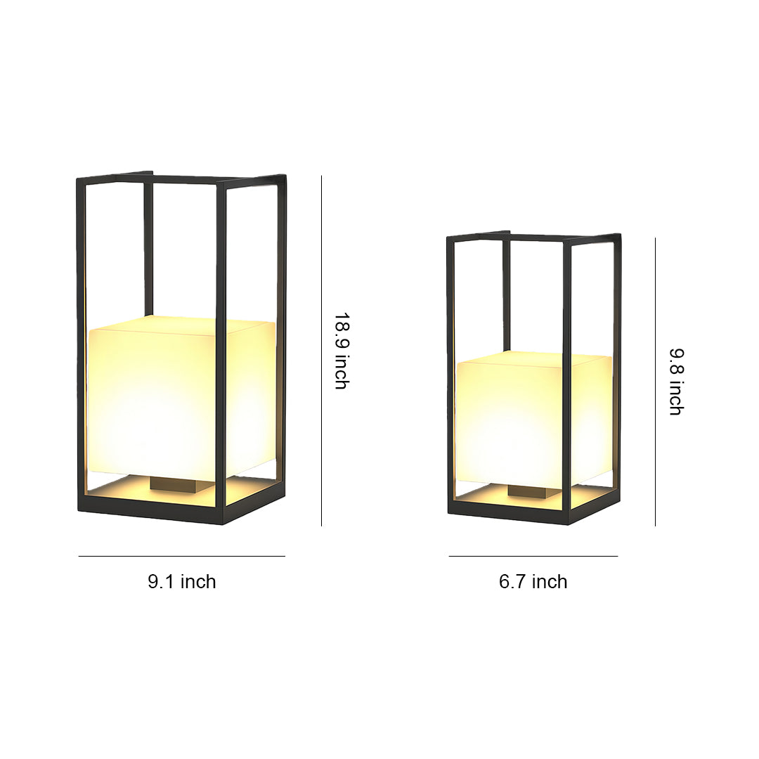 Contemporary outdoor lantern with a sleek black metal frame and frosted glass, including detailed dimensions.