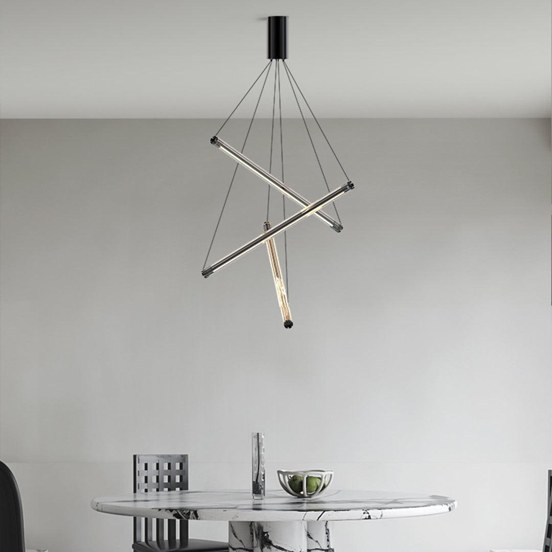 Modern LED linear chandelier with sleek black finish providing dramatic lighting in contemporary space
