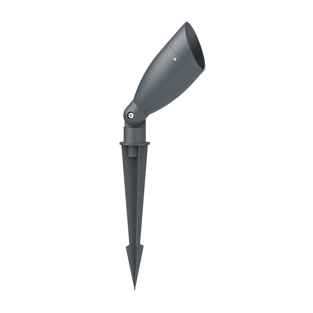 Sleek black LED spotlight with angled head design and ground stake for modern landscape lighting
