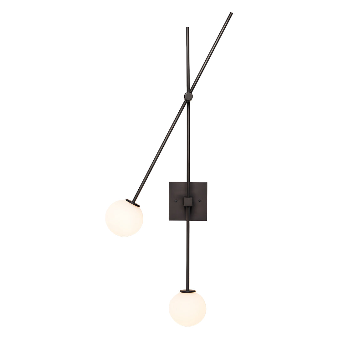 Sleek black linear wall light featuring dual adjustable arms and modern spherical light bulbs