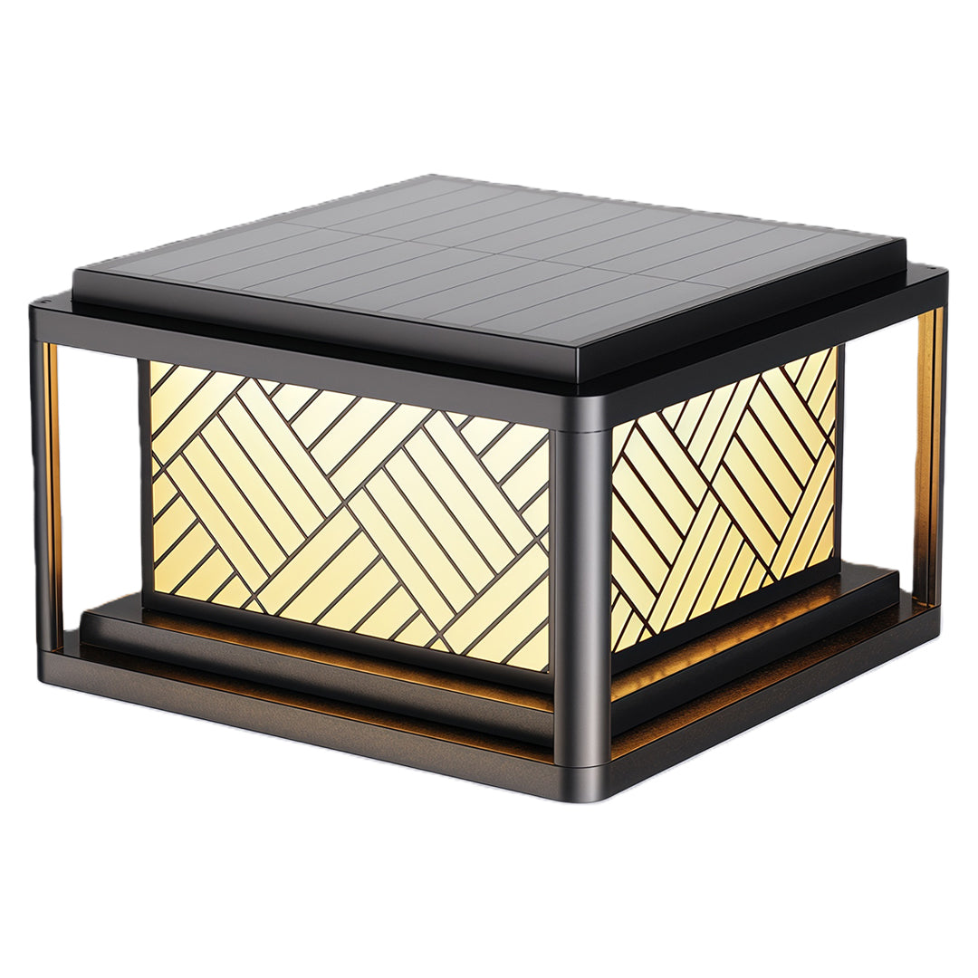 Outdoor pillar LED light with sleek black frame and luminous frosted glass panels.