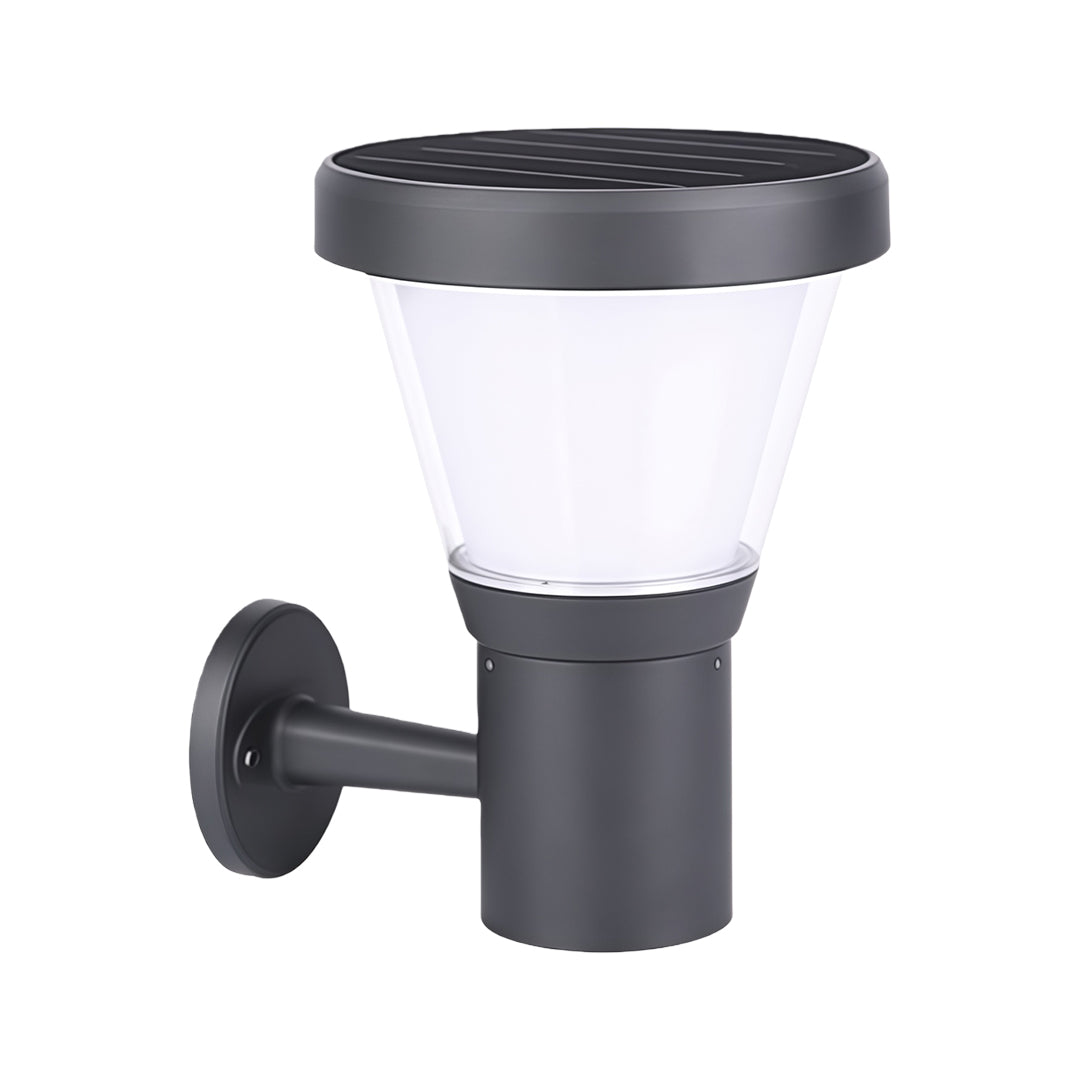 Sleek black outdoor wall mount light illuminating the front porch at night.