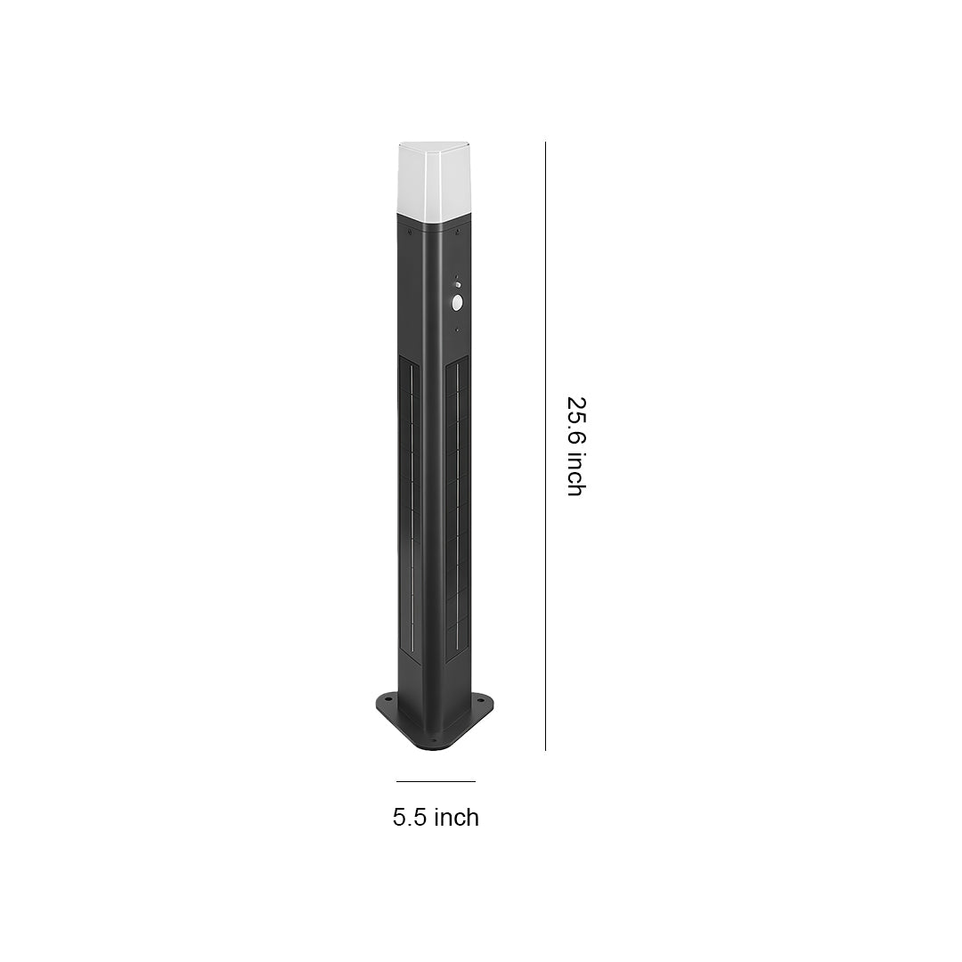 Solar bollard lighting with a sleek black design, including detailed dimensions for easy outdoor installation.