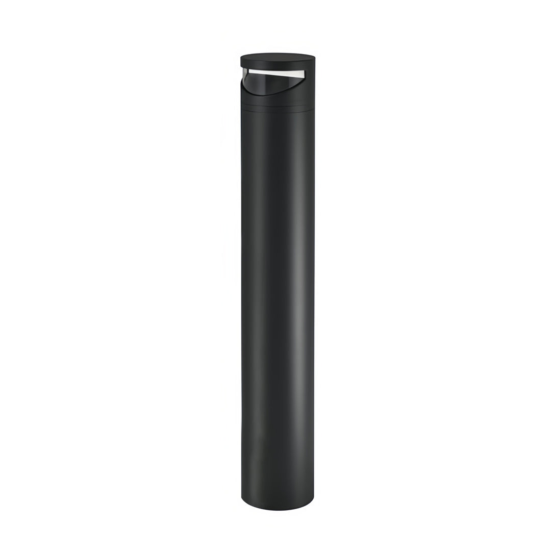 Sleek bollard pathway lights with tall cylindrical black design and minimal top-mounted light element