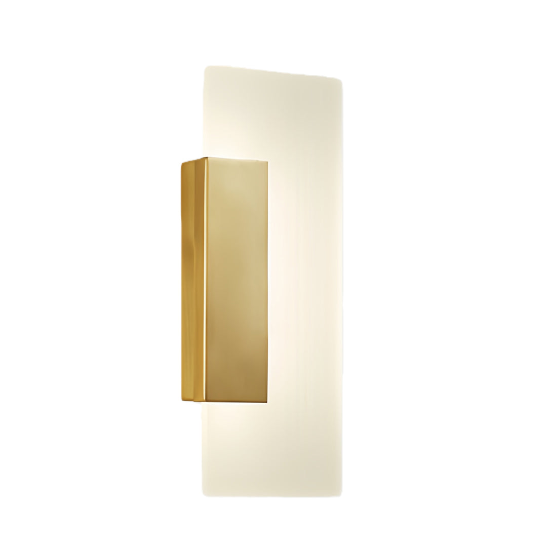 Sleek brass wall lights displaying vertical design with golden metal frame and frosted glass shade