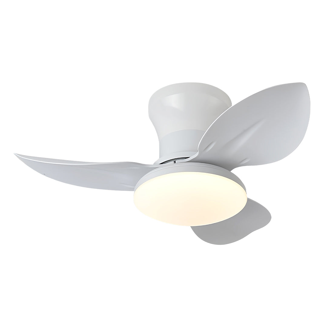 Sleek ceiling fan with dimmer light displaying curved white blades and central LED fixture for minimalist decor