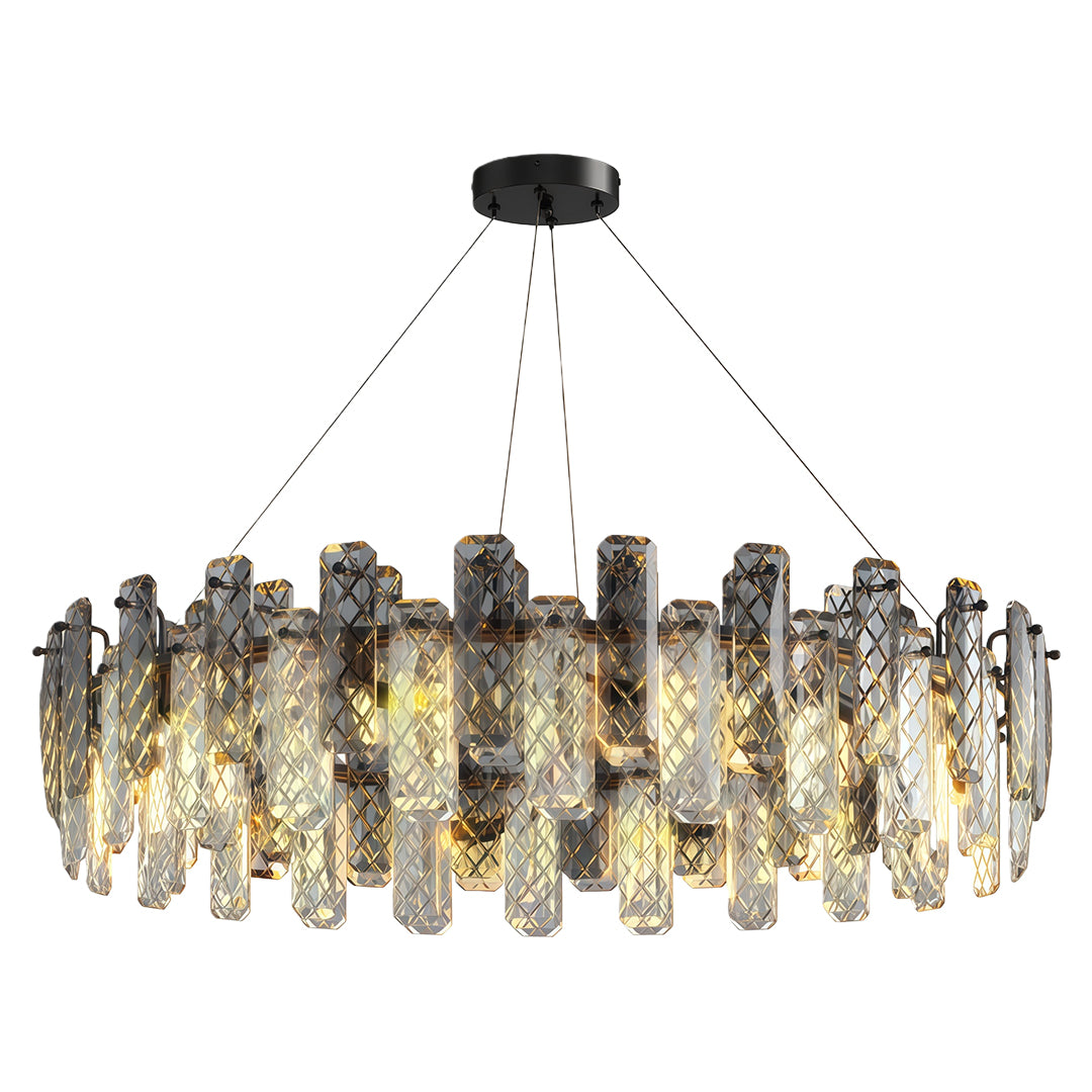 Contemporary crystal chandeliers in sleek chrome with geometric crystal arrangement.