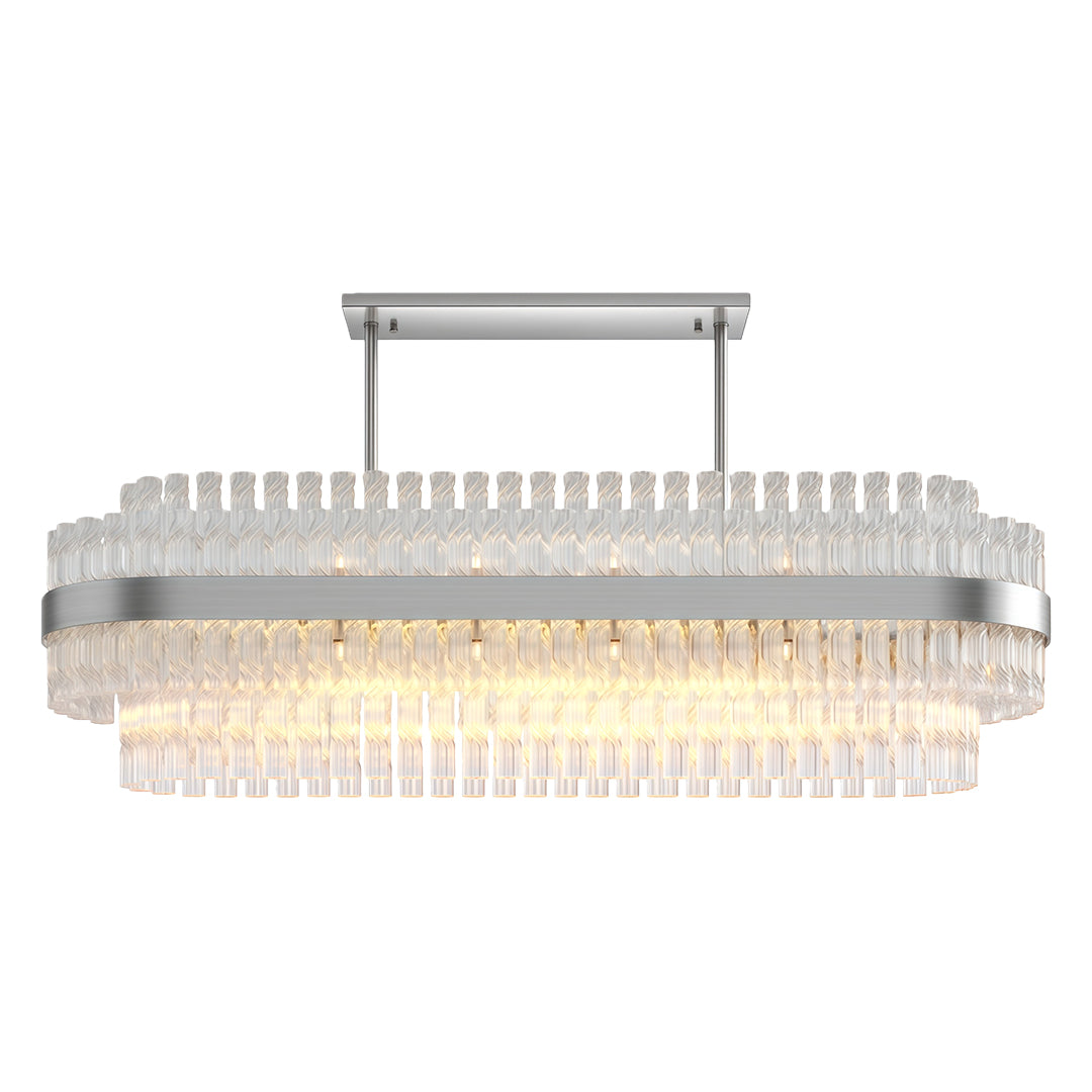 Industrial modern chandelier with sleek chrome frame and symmetrical crystal pattern