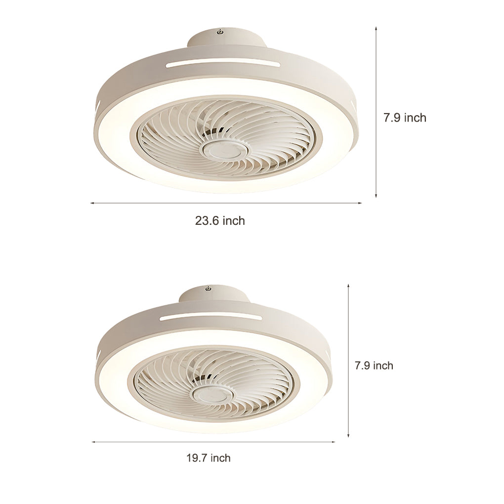 White ceiling fan flush mount with light, featuring sleek circular design and integrated LED illumination for modern interiors