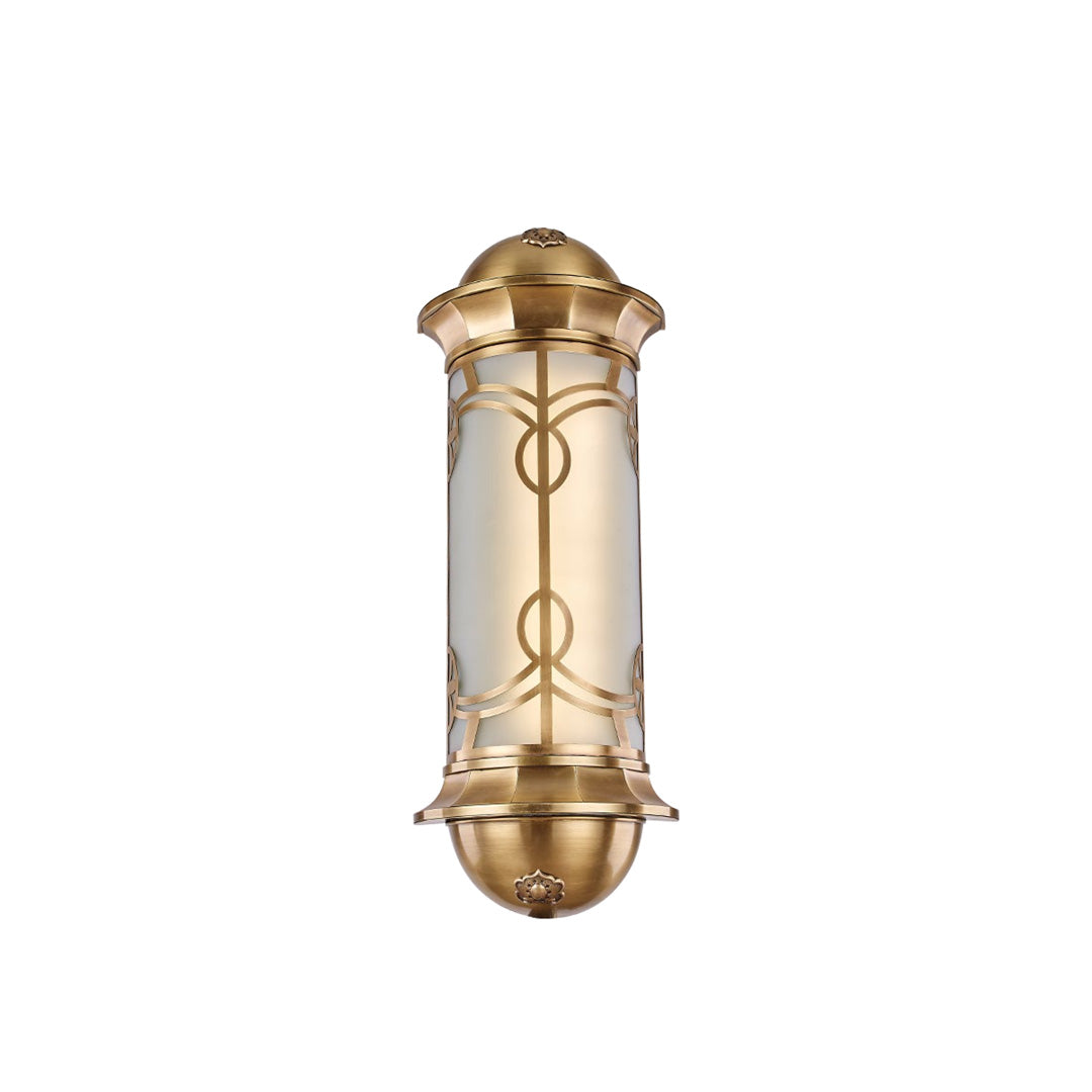 Sleek copper outdoor wall sconce featuring a cylindrical shape, ideal for sophisticated garden or pathway lighting.