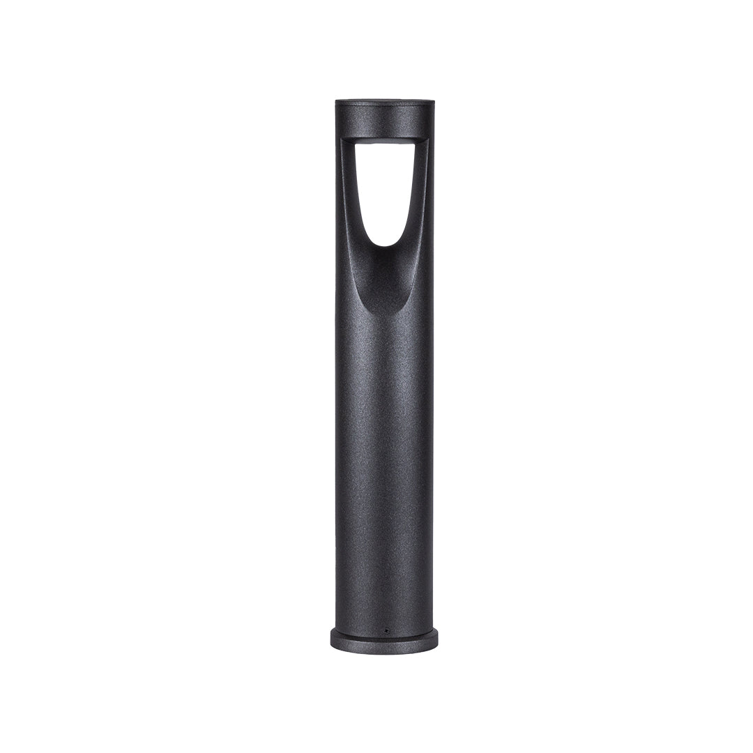 Sleek cylindrical bollard fixture with modern cutout design for contemporary landscape lighting