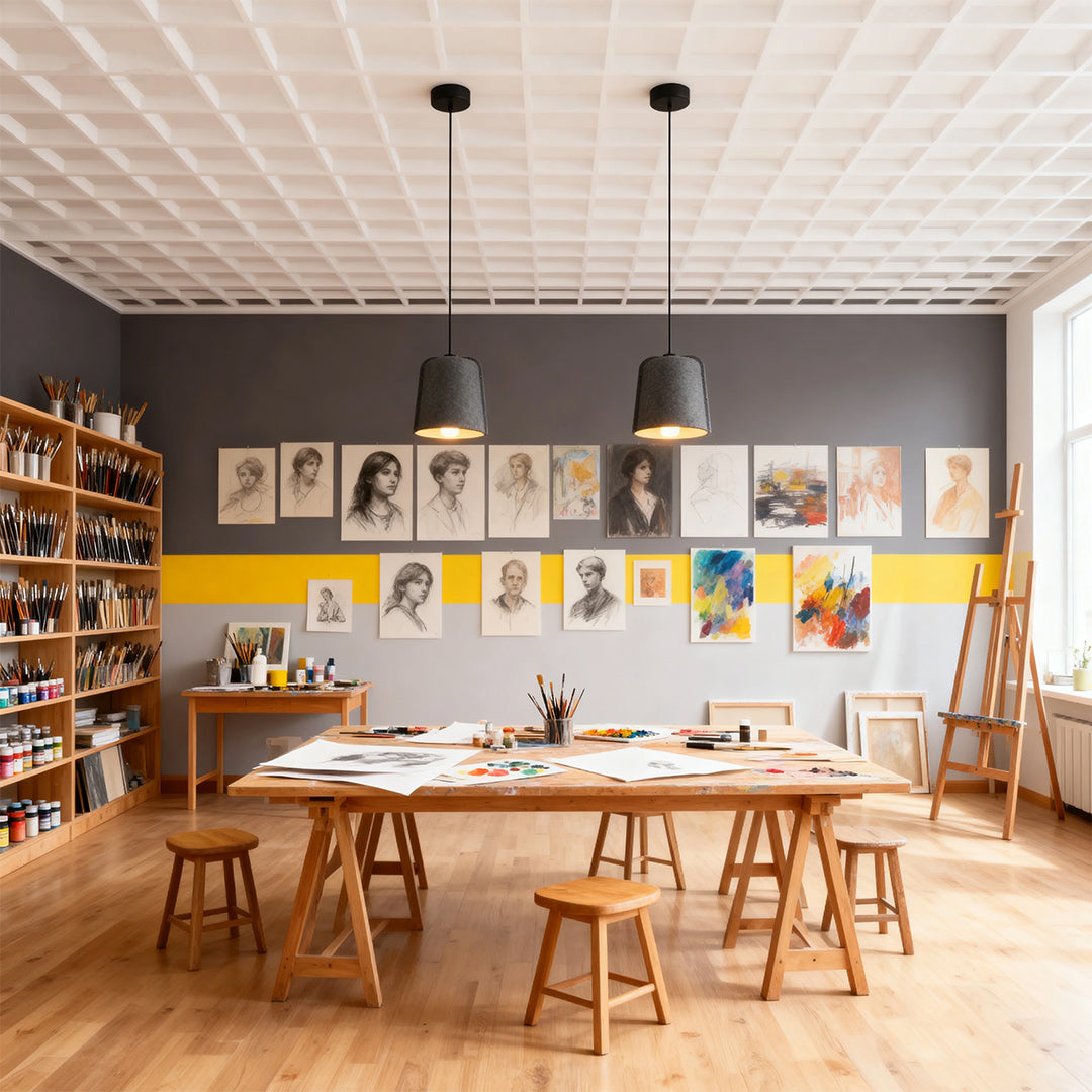 Two sleek dark adjustable pendant light fixtures illuminating a busy communal art studio workspace.