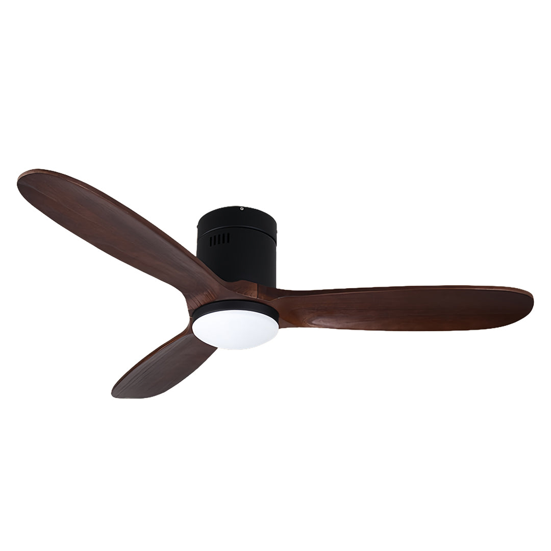 Sleek 3 blade ceiling fan with light featuring dark wood blades and black motor for modern interiors