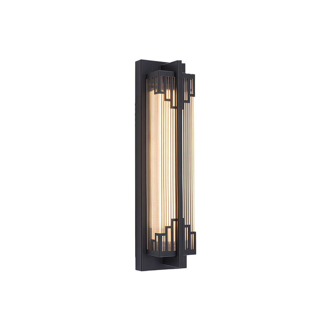 Sleek outdoor wall mounted LED lights in a golden frame, mounted beside a front entrance, offering soft outdoor lighting.
