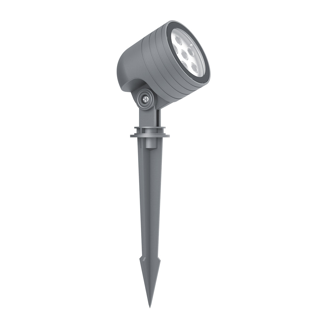 Sleek gray LED spotlight with adjustable head and ground stake for professional landscape lighting applications