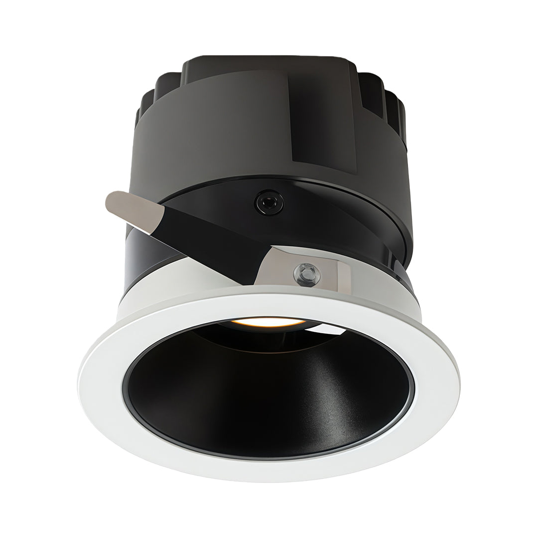 Sleek interior spotlights with white frame and glass shade chandelier inspired deep-set black reflector cone.