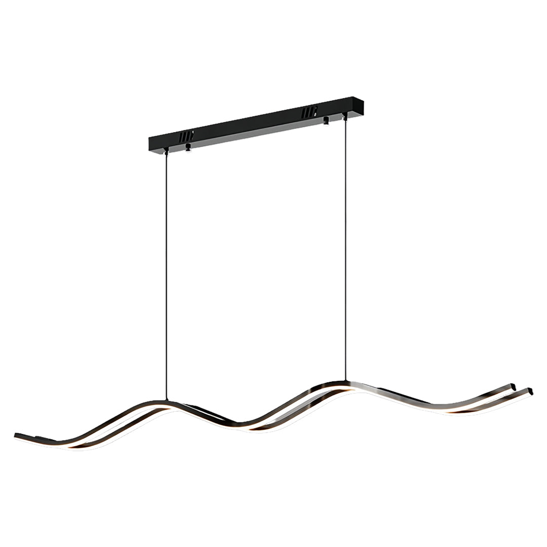 Black kitchen island pendant light in a long, linear design, emphasizing the sleek, dark matte finish ideal for contemporary kitchens.