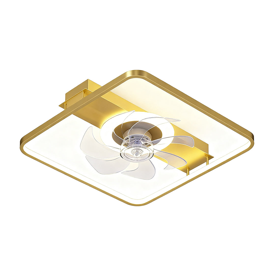 Sleek minimalist ceiling fan with light in golden square design with integrated LED lighting