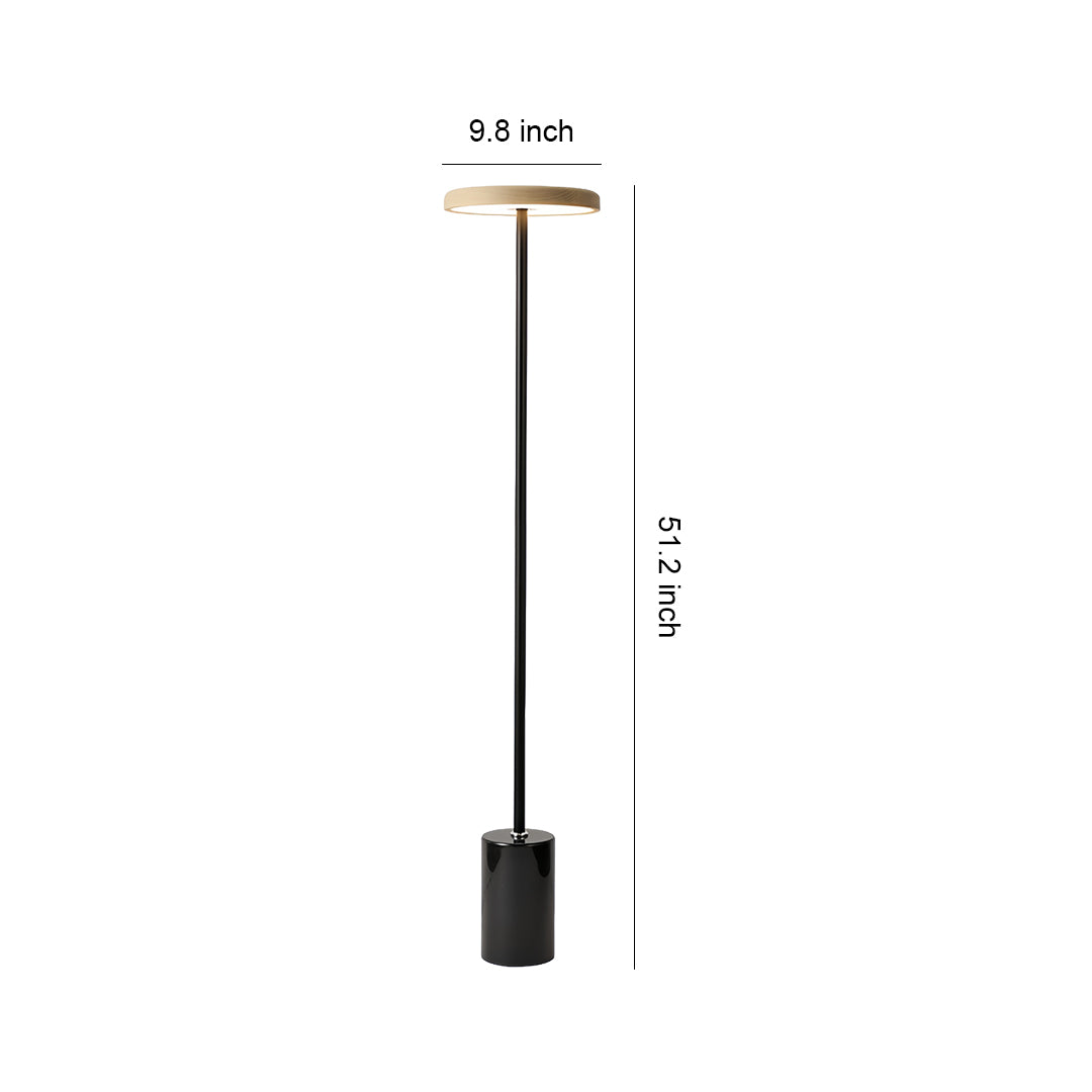 Sleek minimalist floor lamp with brass top and black cylindrical base providing clean modern lighting design