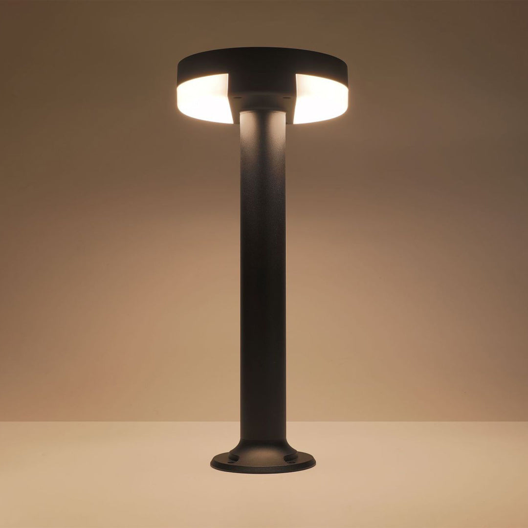 Sleek modern pathway lighting with black circular top and tall straight post in minimalist design