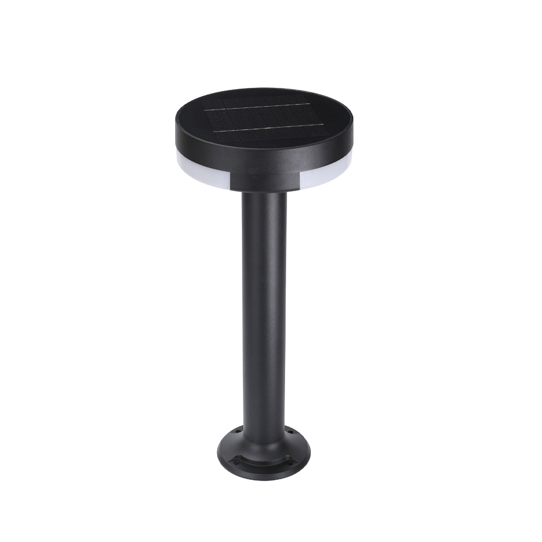 Sleek modern pathway lighting with black circular top and tall straight post in minimalist design