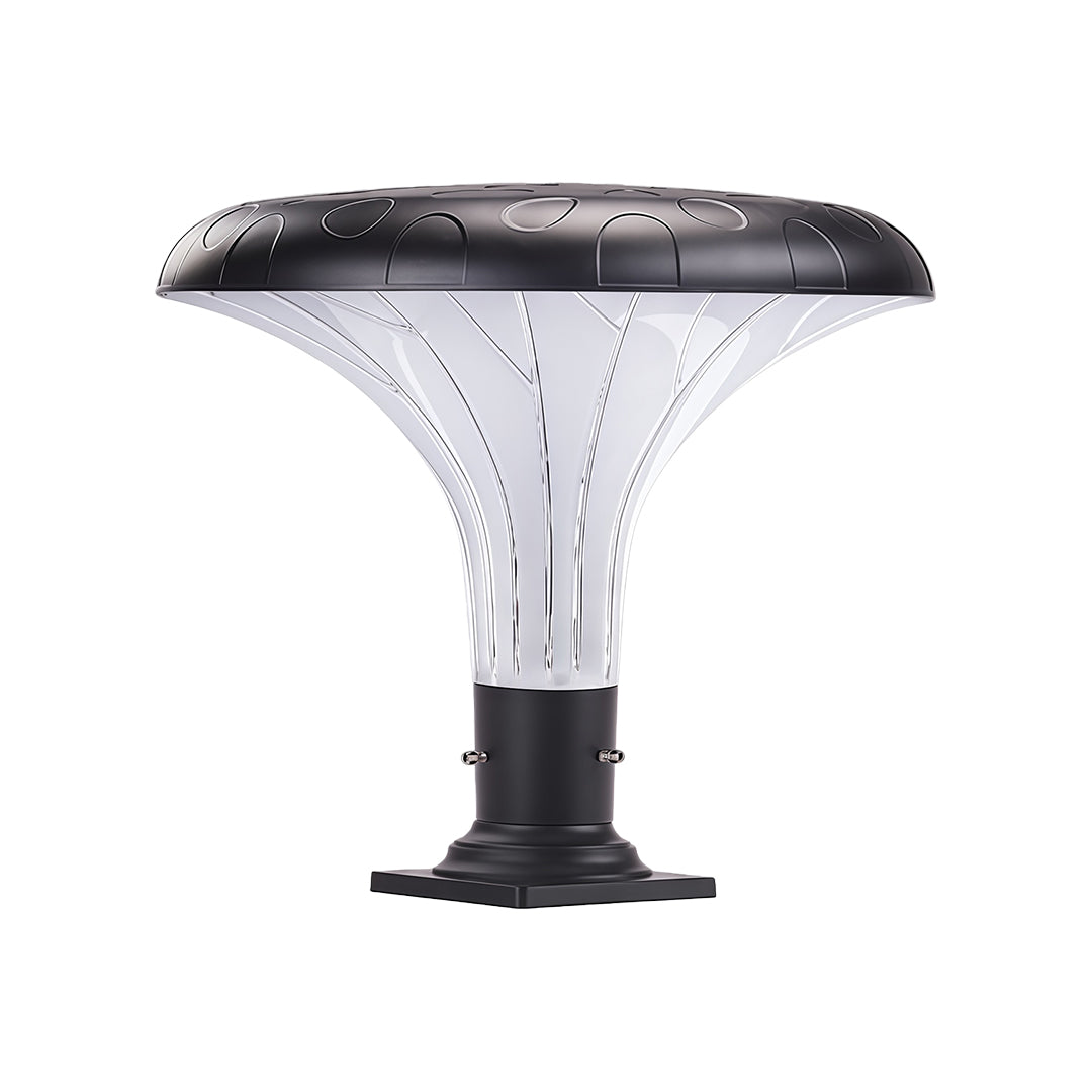Sleek modern pillar outdoor light illuminating a garden path, enhancing nighttime visibility.