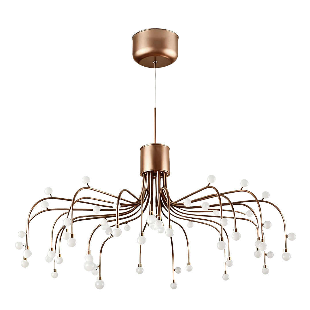 Sleek modern retro chandelier with extended arms and globe pendants in copper finish