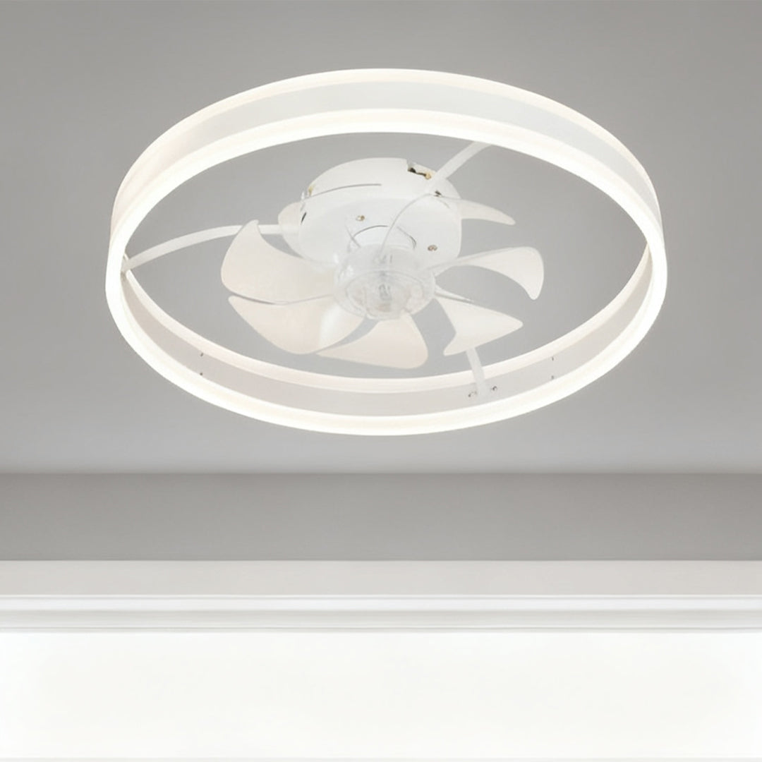 Modern white ceiling fan with light fixture showcasing the sleek, flush mount design and continuous LED outer ring. 