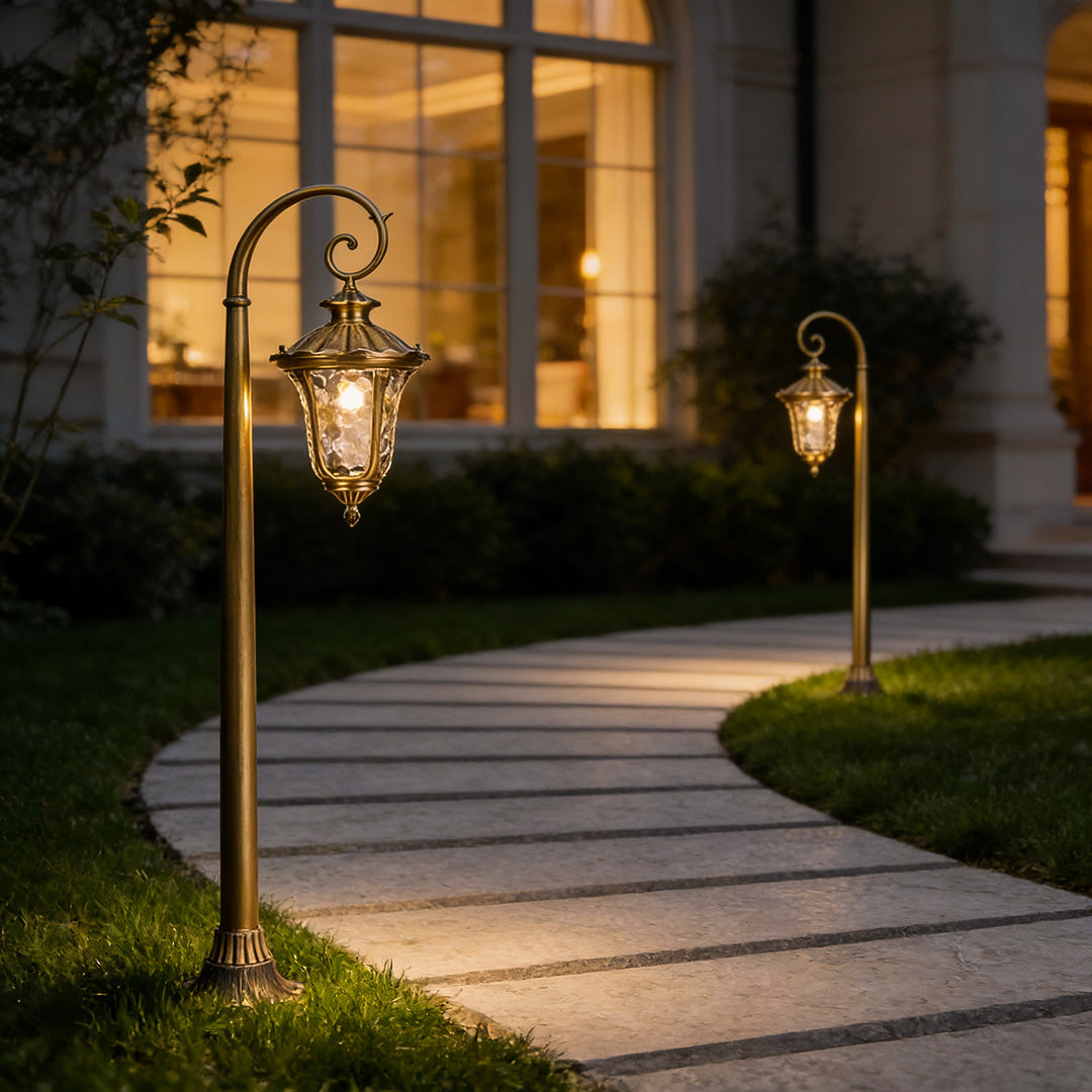 Sleek path lighting outdoor near a house entrance, enhancing curb appeal with soft, welcoming illumination.