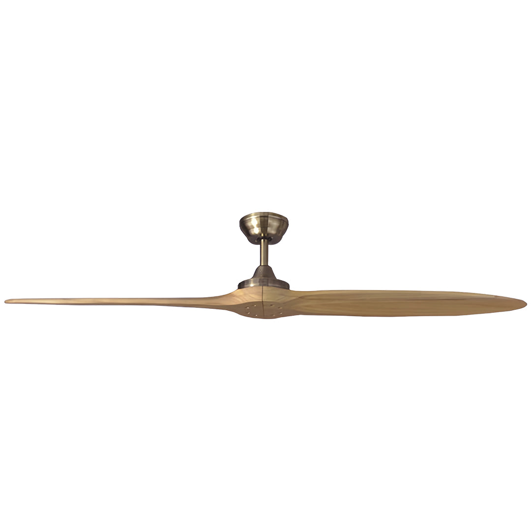 Sleek wooden remote controlled ceiling fan featuring brushed brass finish and natural wood