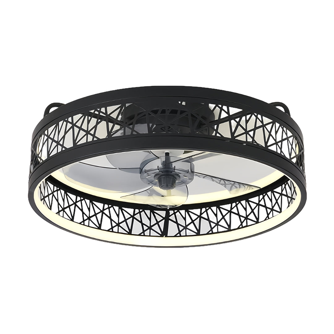 Sleek round ceiling fan with light showcasing black decorative metal framework and efficient airflow design