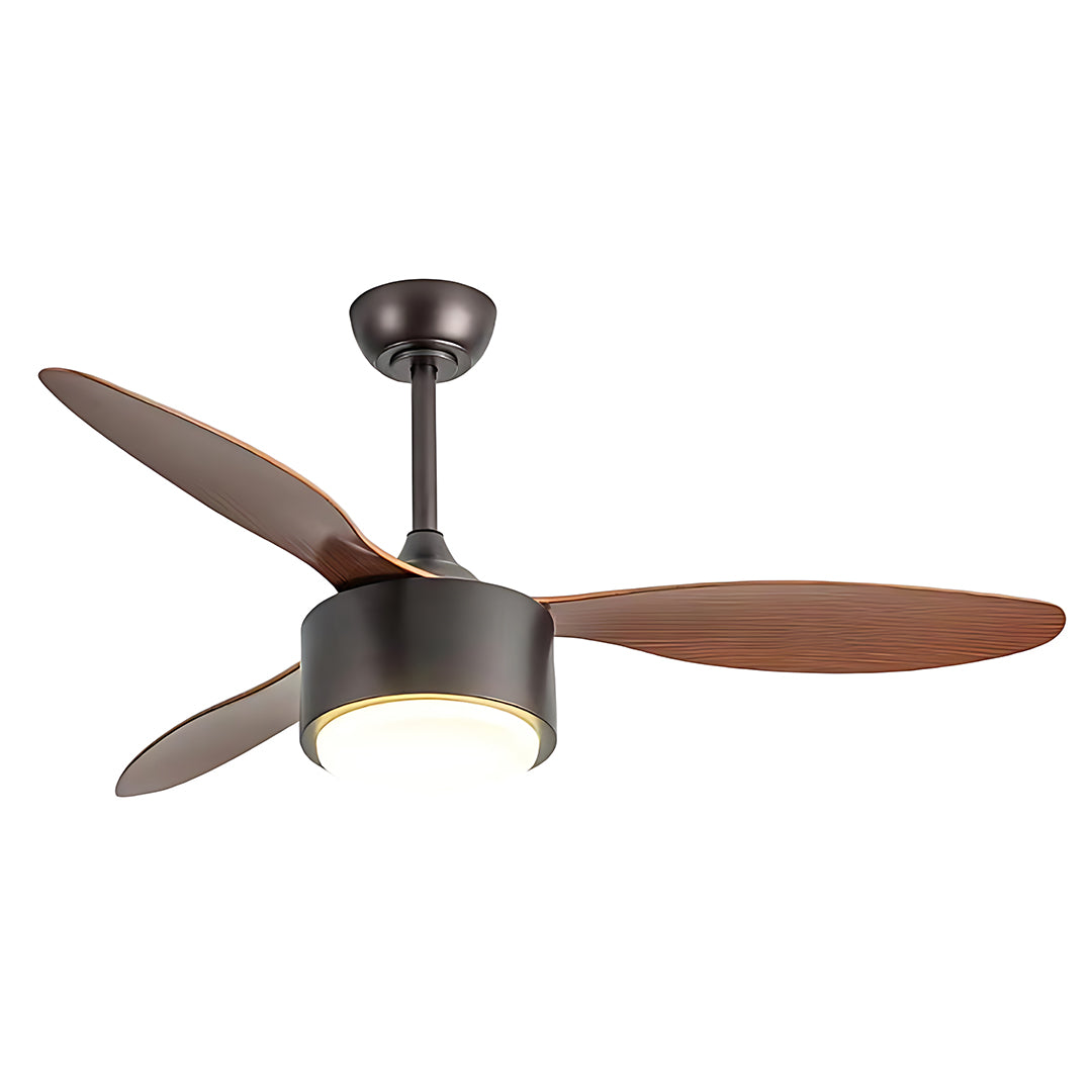 Sleek silver ceiling fan with light combining dark wood blades with chrome motor housing