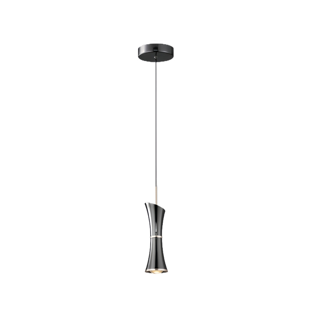 Small black pendant light with sleek cylindrical design suspended from ceiling mount