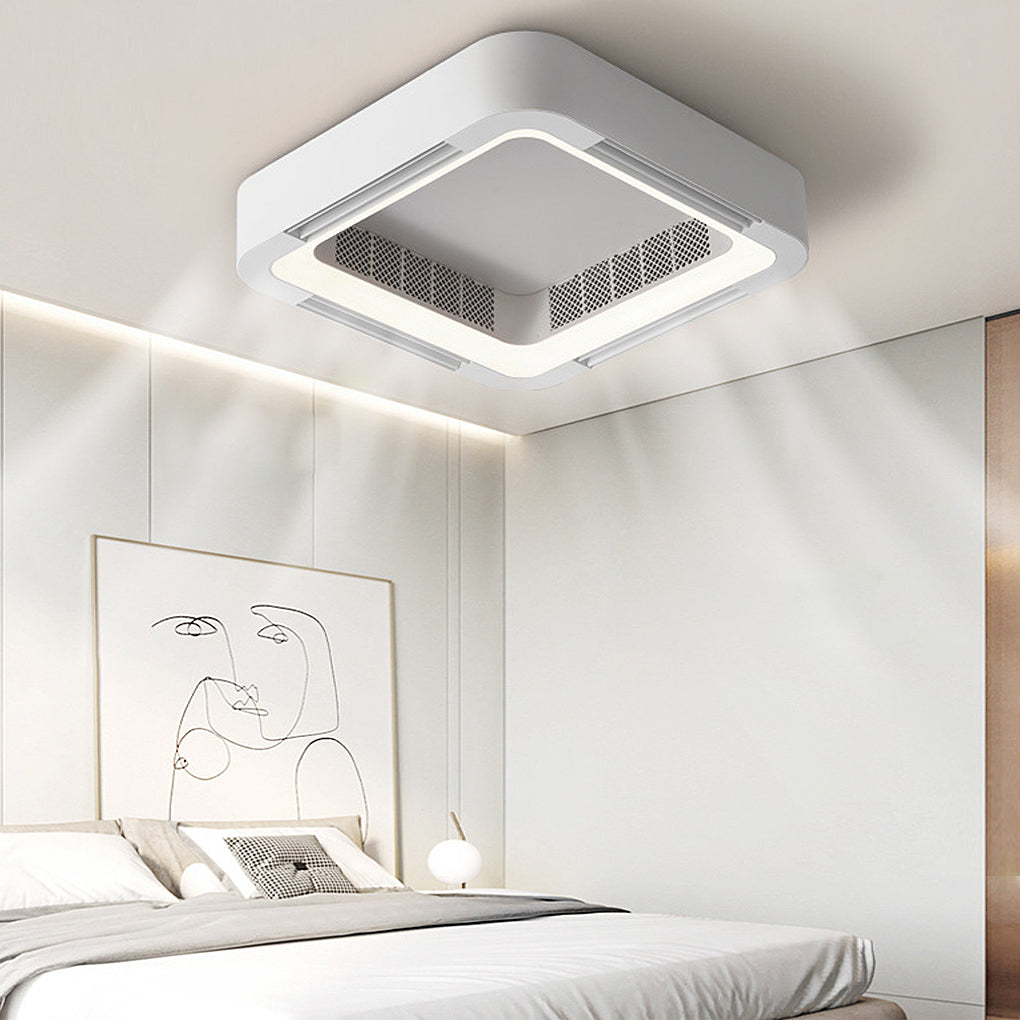 Low profile bladeless ceiling fan with light, featuring sleek square design and integrated LED illumination for modern bedroom.