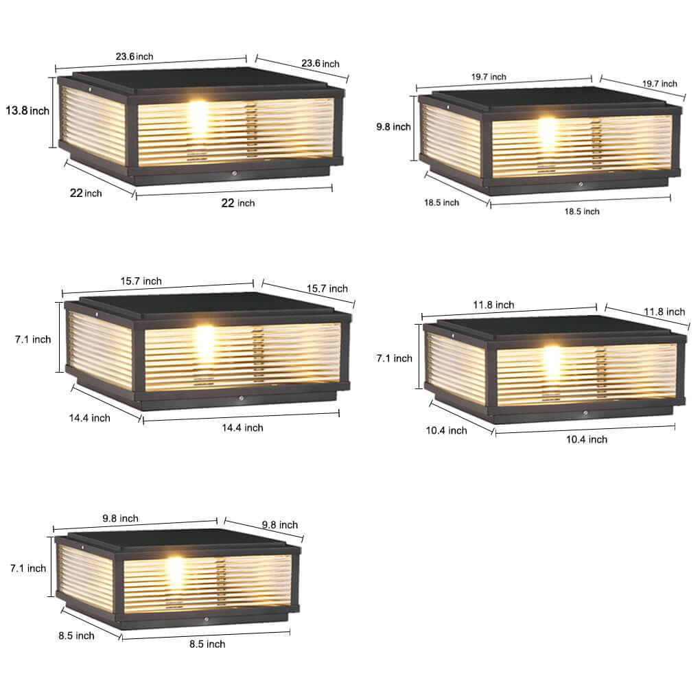 Square pillar light with dimensions 7.87x7.87x5.91 inches, showcasing sleek design and warm illumination