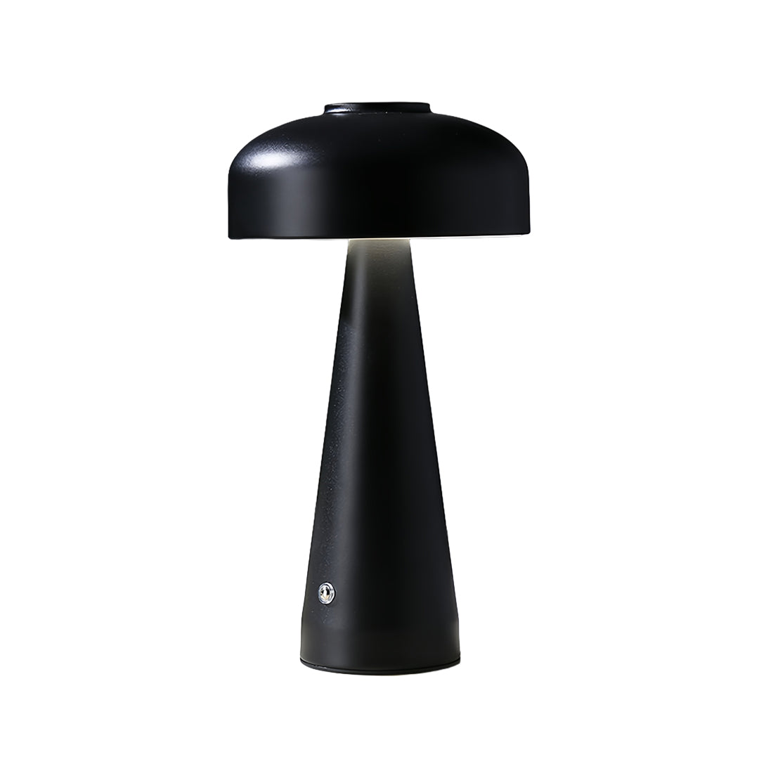 Modern small black pendant light showcasing sleek black mushroom table lamp with tapered stem