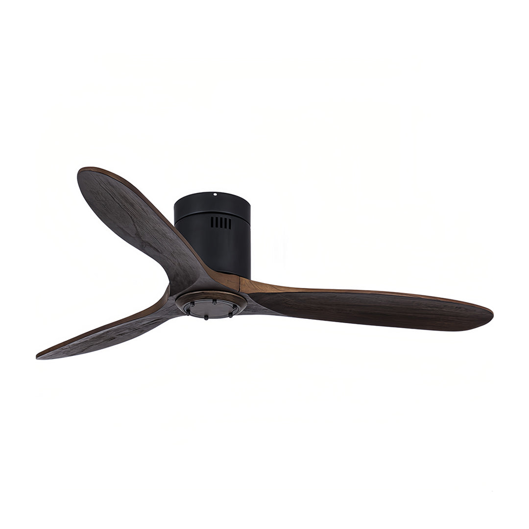 Sleek three blade wooden ceiling fan with light featuring black motor and dark wood blades
