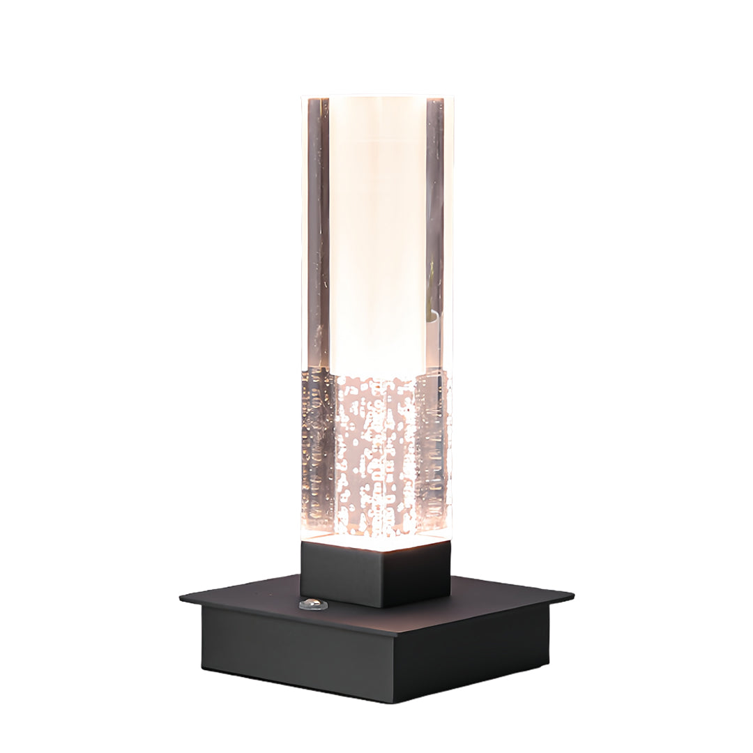 Contemporary small black pendant light showcasing sleek black square base with twin light columns