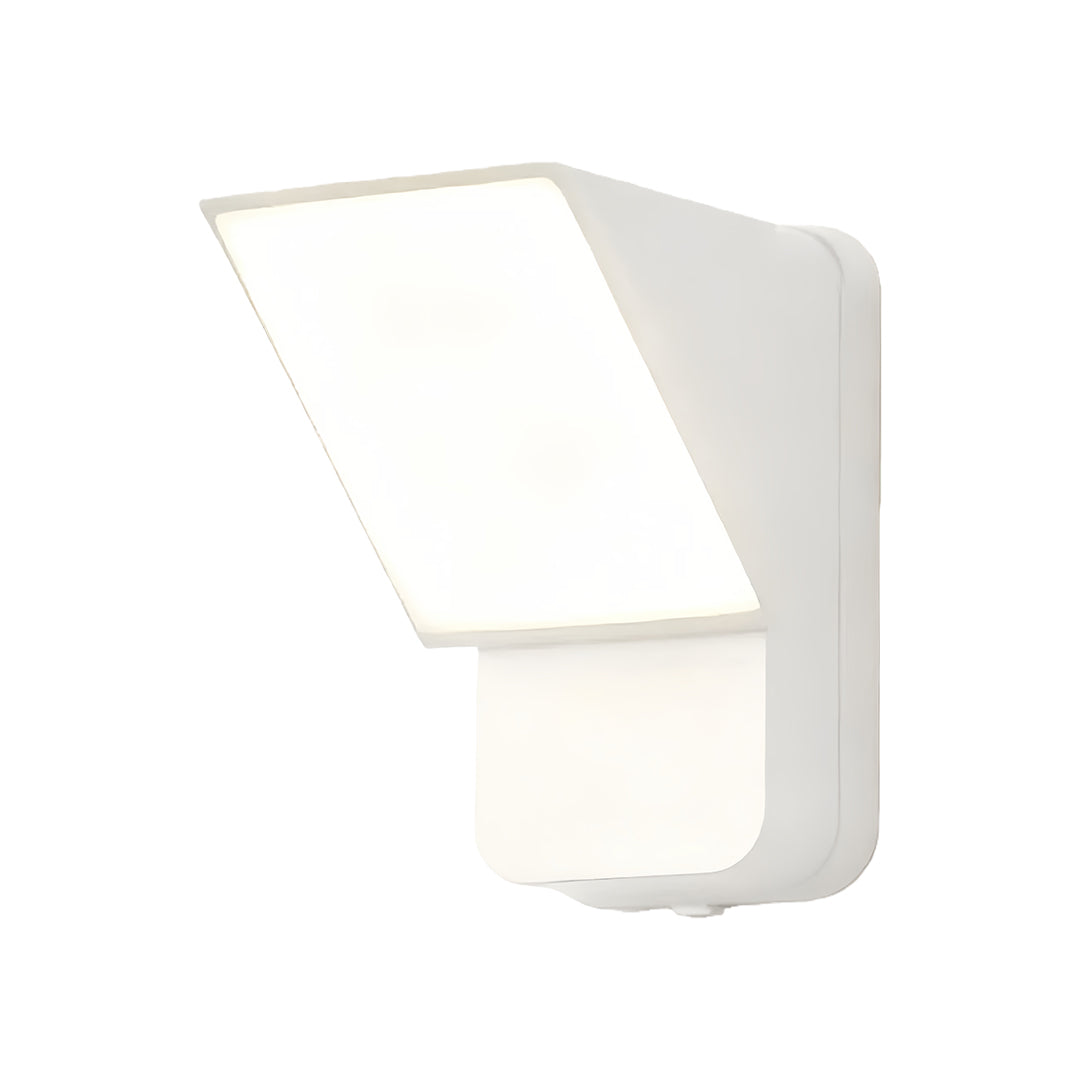 Sleek wall industrial lights in white with hooded shade creating ambient exterior lighting