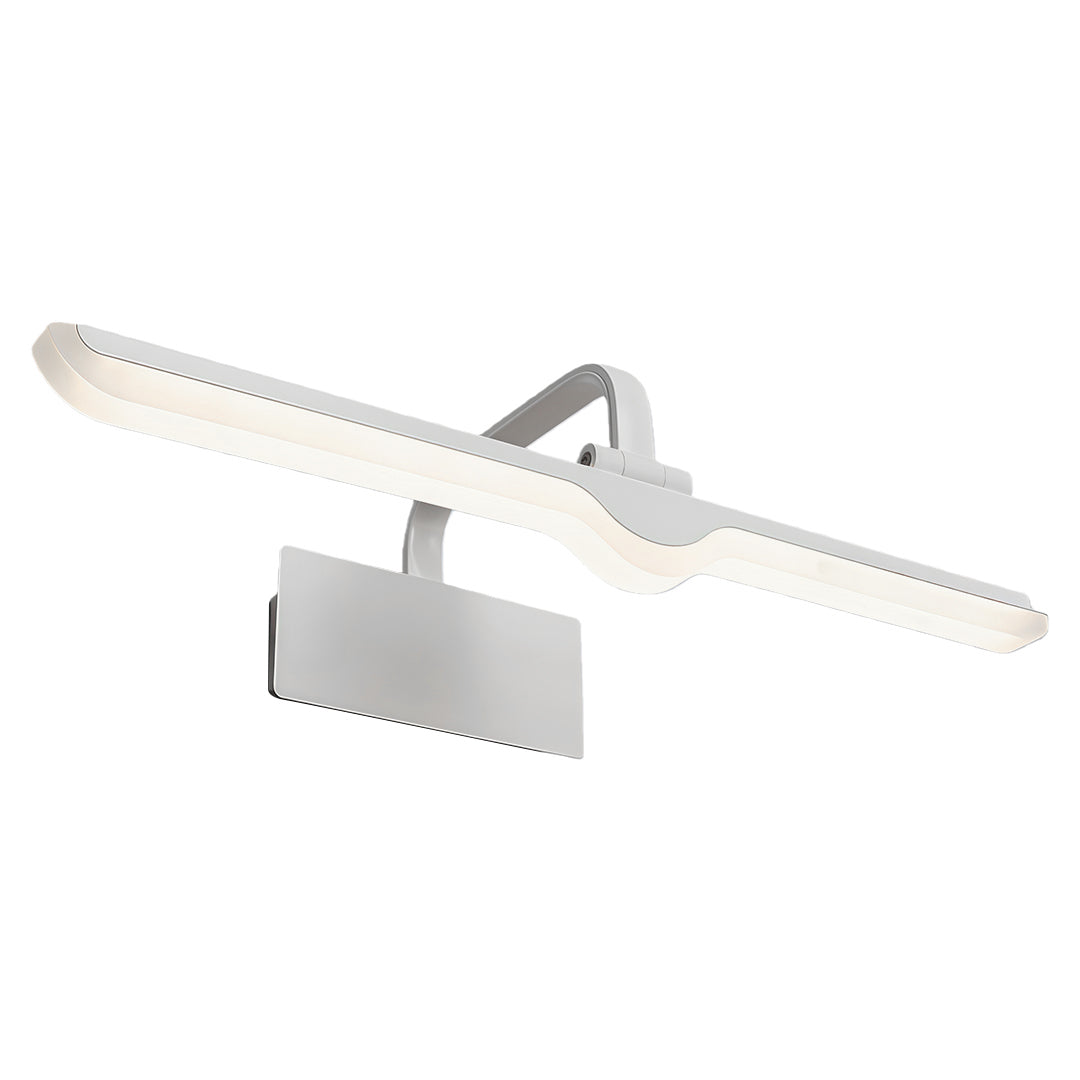 Sleek white bathroom vanity light with wave design and integrated LED strip on white backdrop.