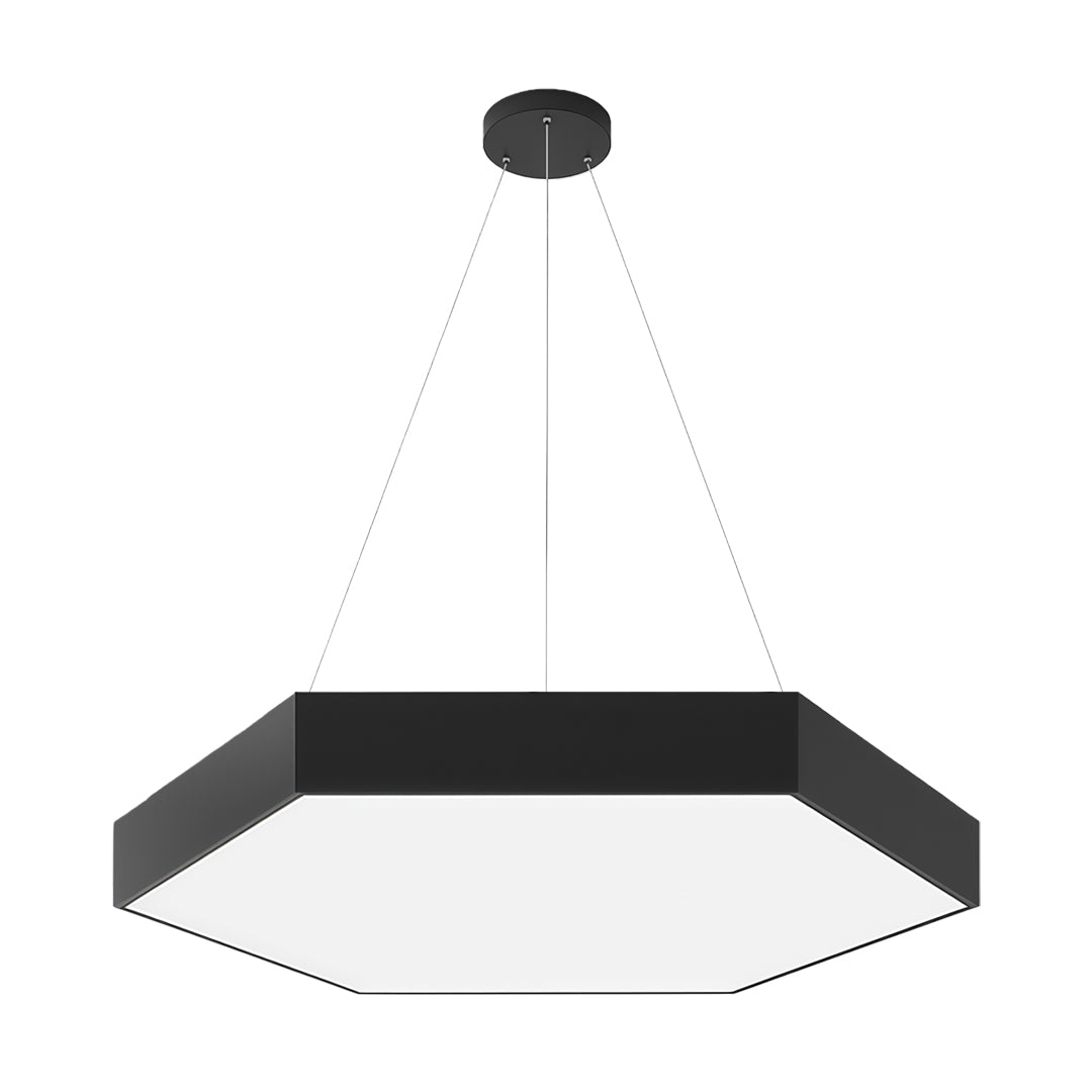 Sleek white geometric chandelier with LED lights, offering a minimalist look and modern functionality.