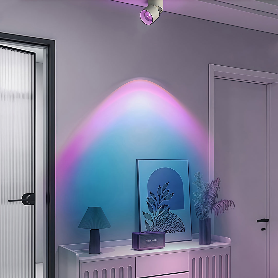 Sleek white LED ceiling spotlights pair featuring glass shade chandelier style rainbow reflectors for versatile color options.