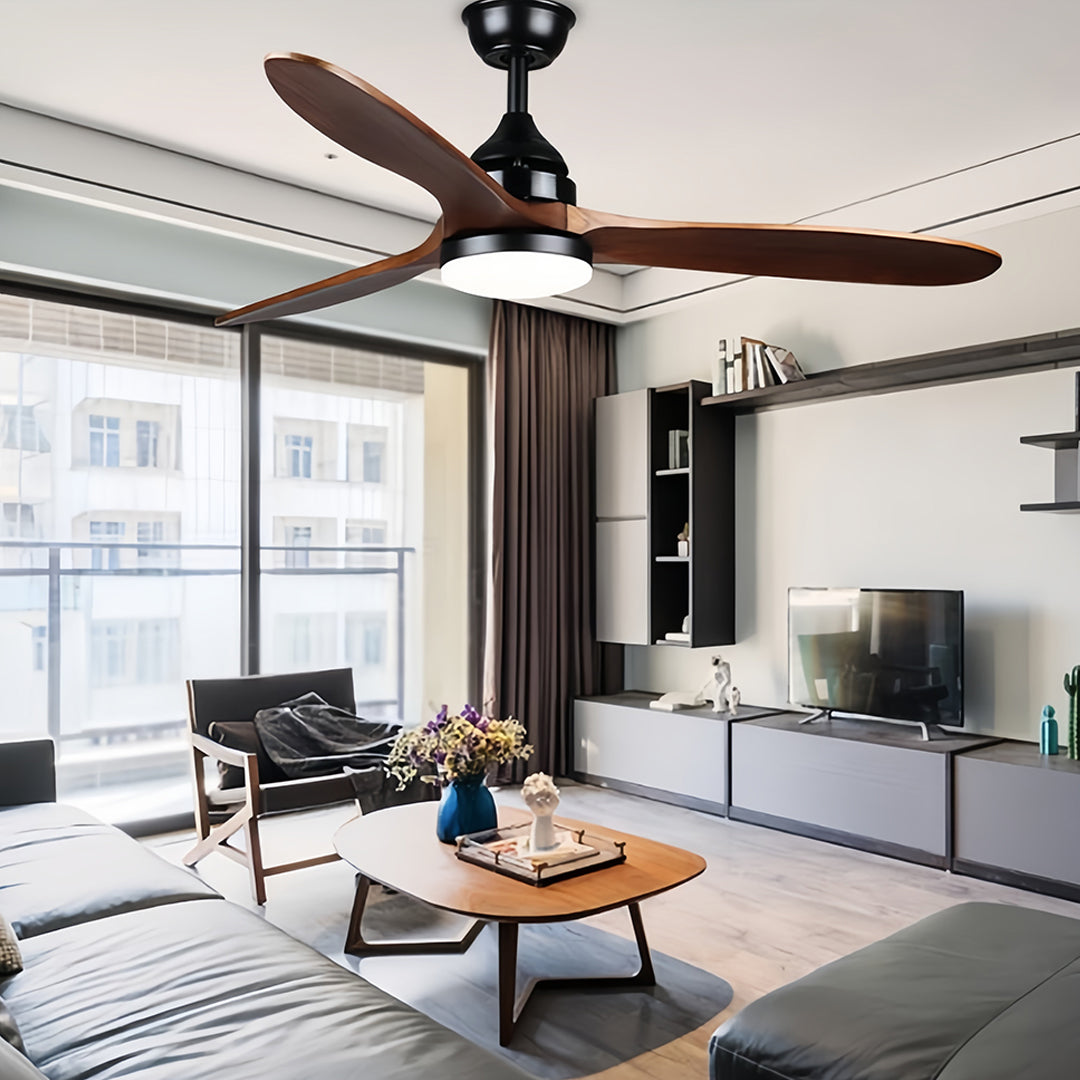 Sleek wooden ceiling fan with light with dark blades in contemporary open-plan living space